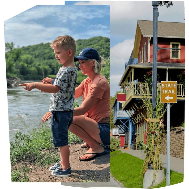 A parent and child explore the Root River shoreline in Lanesboro, Minnesota, alongside a downtown scene near the Root River State Trail.