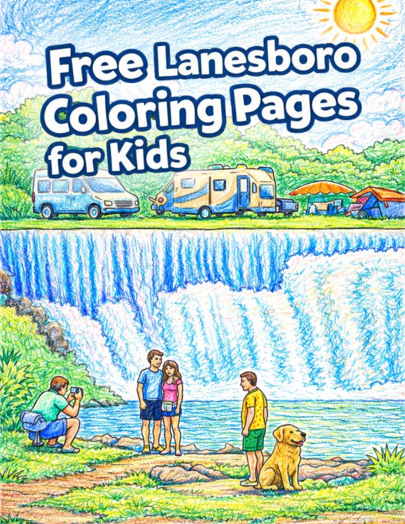 Colorful, childlike colored-pencil illustration of the Historic Stone Dam in Lanesboro, Minnesota, with a waterfall, campers above the dam, people by the river, and a golden retriever, overlaid with the text “Free Lanesboro Coloring Pages for Kids."