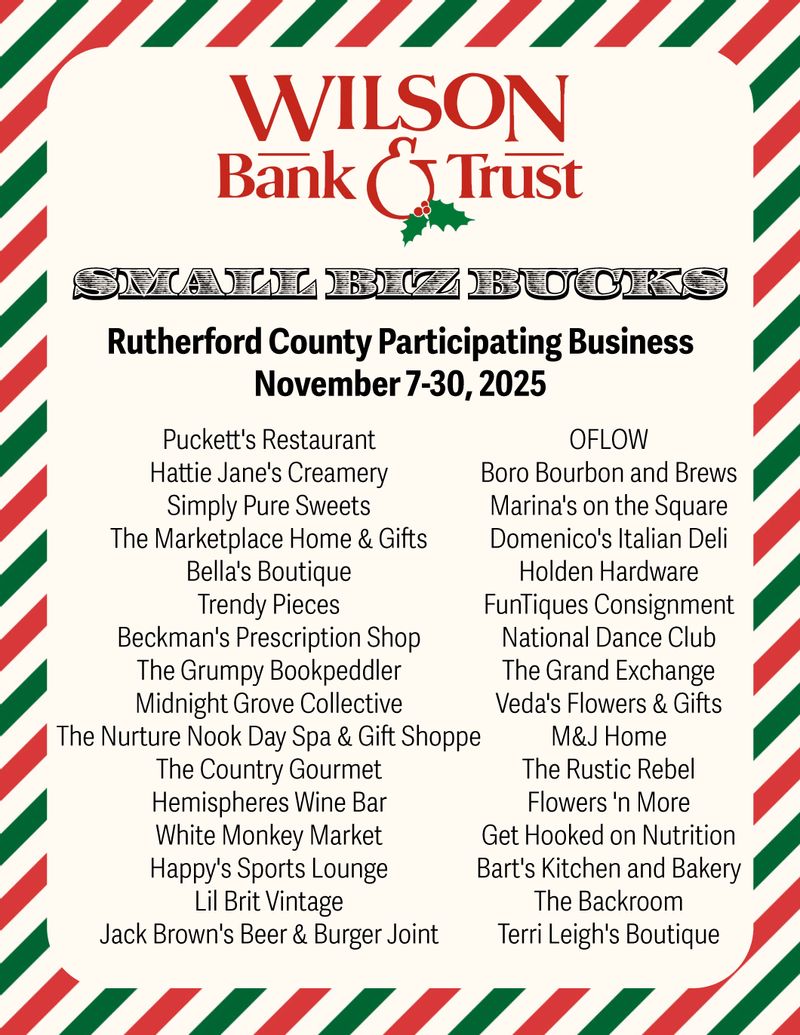 Puckett's Restaurant OFLOW Boro Bourbon and Brews Marina's on the Square Domenico's Italian Deli Holden Hardware FunTiques Consignment National Dance Club The Grand Exchange Veda's Flowers & Gifts M&J Home The Rustic Rebel Flowers 'n More Get Hooked on Nutrition Bart's Kitchen and Bakery The Backroom Terri Leigh's BoutiqueHattie Jane's Creamery Simply Pure Sweets The Marketplace Home & Gifts Bella's Boutique Trendy Pieces Beckman's Prescription Shop The Grumpy Bookpeddler Midnight Grove Collective The Nurture Nook Day Spa & Gift Shoppe The Country Gourmet Hemispheres Wine Bar White Monkey Market Happy's Sports Lounge Lil Brit Vintage Jack Brown's Beer & Burger Joint