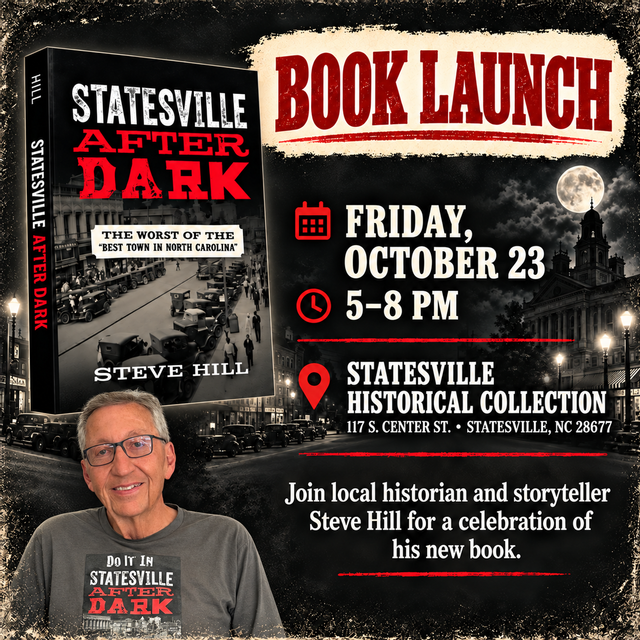 Promotional graphic for the Statesville After Dark book launch with Steve Hill on October 23.