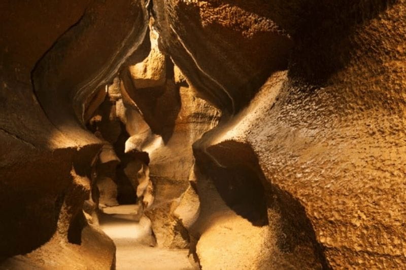 Narrow passage inside Niagara Cave with smooth, sculpted limestone walls and soft lighting.