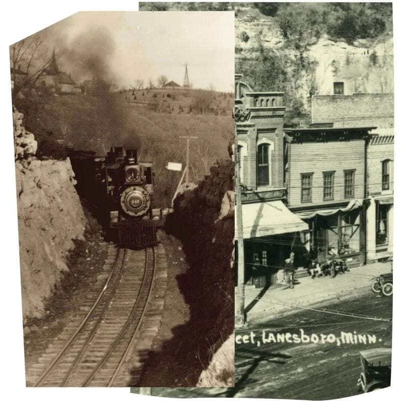Split image featuring historic black-and-white photographs of Lanesboro, Minnesota, including a steam locomotive traveling through a rock cut and a bustling downtown street scene from the early 20th century.