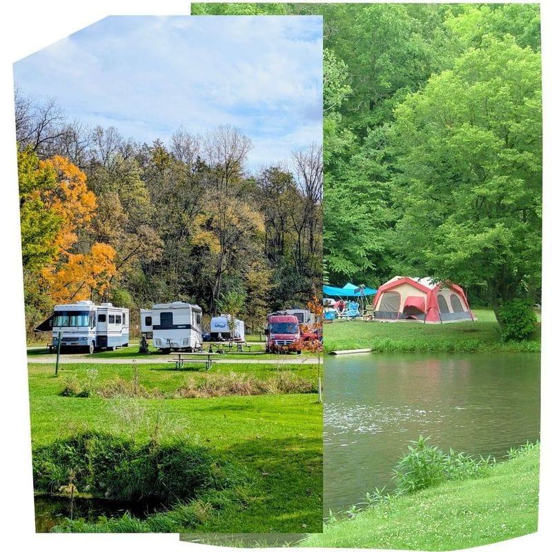 RVs and tent camping sites along a grassy riverside campground in Lanesboro, Minnesota, showing fall and summer camping scenes near the Root River in Bluff Country