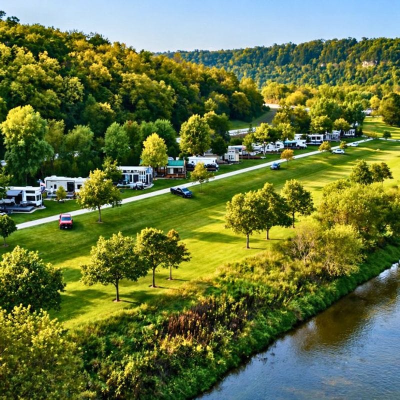Aerial view of RV sites along the Root River at Eagle Cliff Campground near Lanesboro, Minnesota, surrounded by tree-covered bluffs in Bluff Country