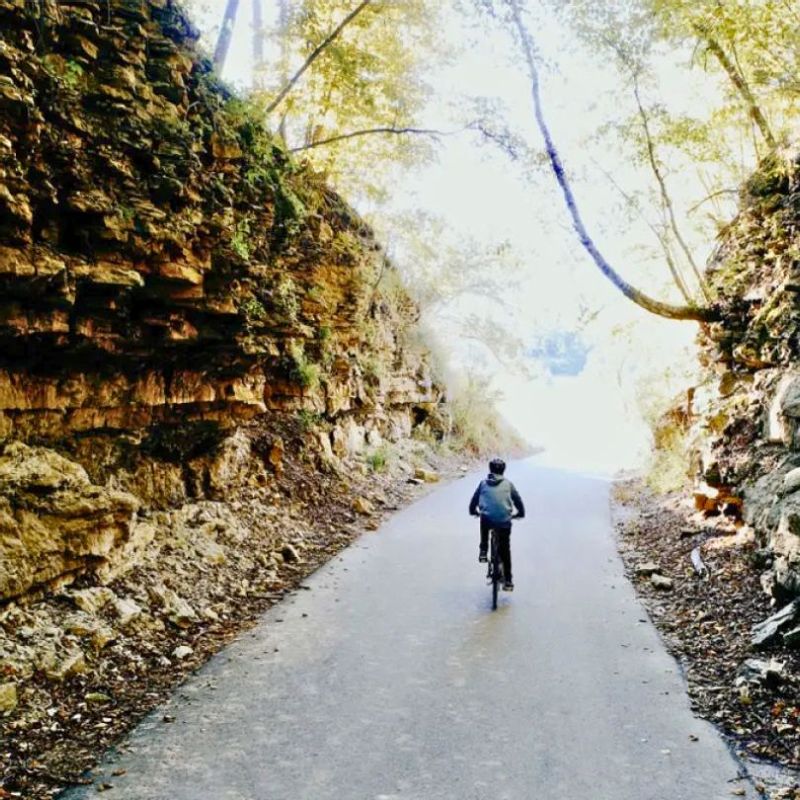 Cyclist riding along a paved section of the Root River State Trail near Old Barn Resort in Lanesboro, Minnesota, passing between limestone bluffs in Bluff Country