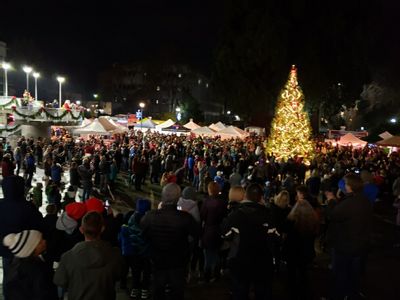 A sea of people gathered around a large, lit Christmas tree. White canopies in the background.