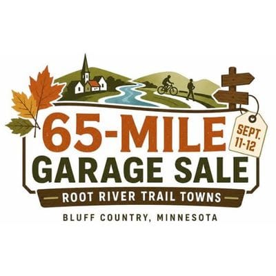 “Promotional graphic for the 65-Mile Garage Sale along the Root River Trail Towns in Bluff Country, Minnesota, featuring autumn leaves, a river landscape, cyclists, a church, and directional signs. Event dates shown are September 11–12.”