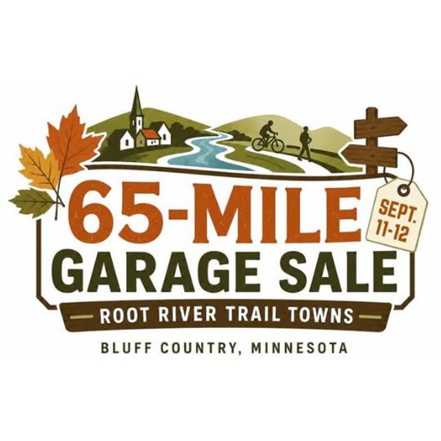 “Promotional graphic for the 65-Mile Garage Sale along the Root River Trail Towns in Bluff Country, Minnesota, featuring autumn leaves, a river landscape, cyclists, a church, and directional signs. Event dates shown are September 11–12.”