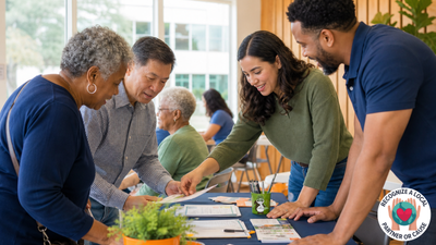A local business owner and community partner work together on a shared effort that benefits local participants.