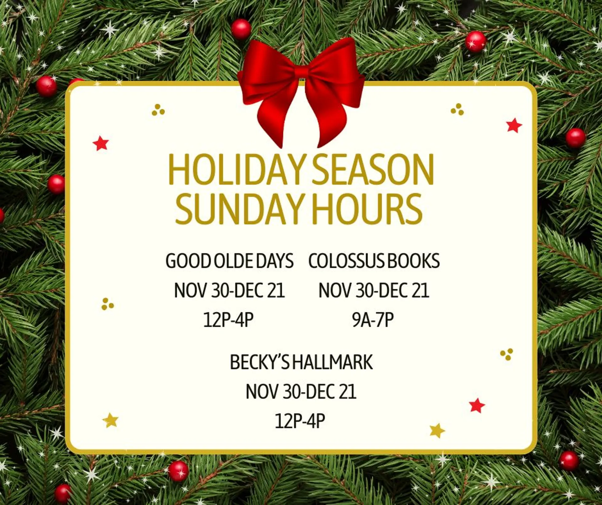 Local Business Sunday Open Hours!