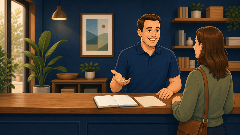 A business owner answering a customer’s question during an in-person conversation.