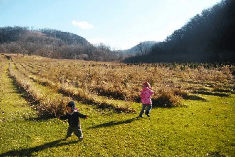 Two young children run across a grassy field near Lanesboro, with rolling hills and a wide open valley stretching out under a clear sky.
