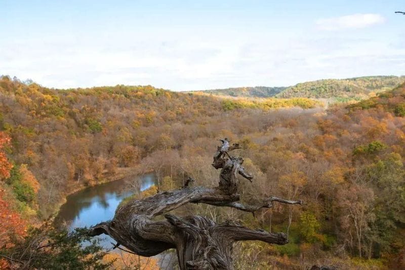 An overlook at Eagle Bluff in the Lanesboro area with autumn bluffs and the Root River below.