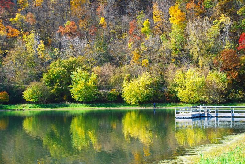 Fall foliage reflects on the Sylvan Park pond in Lanesboro, Minnesota, with a dock along the shoreline.