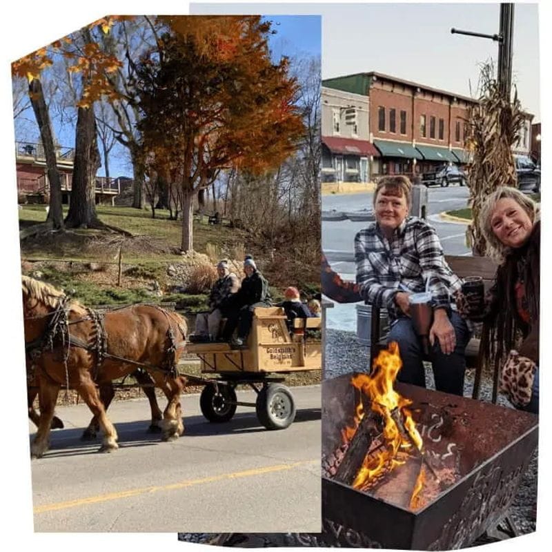 Fall activities in Lanesboro, Minnesota, including a horse-drawn wagon ride and people gathering around a bonfire downtown.