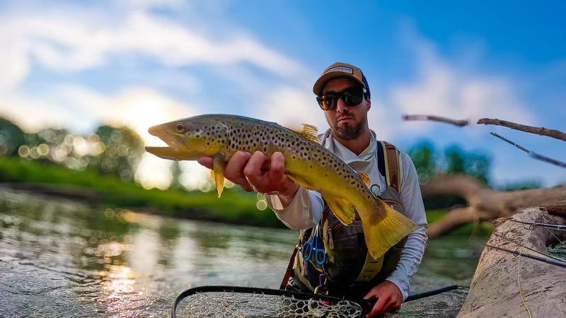 An angler holds a trout while fly fishing on the Root River in the Lanesboro area of Minnesota.