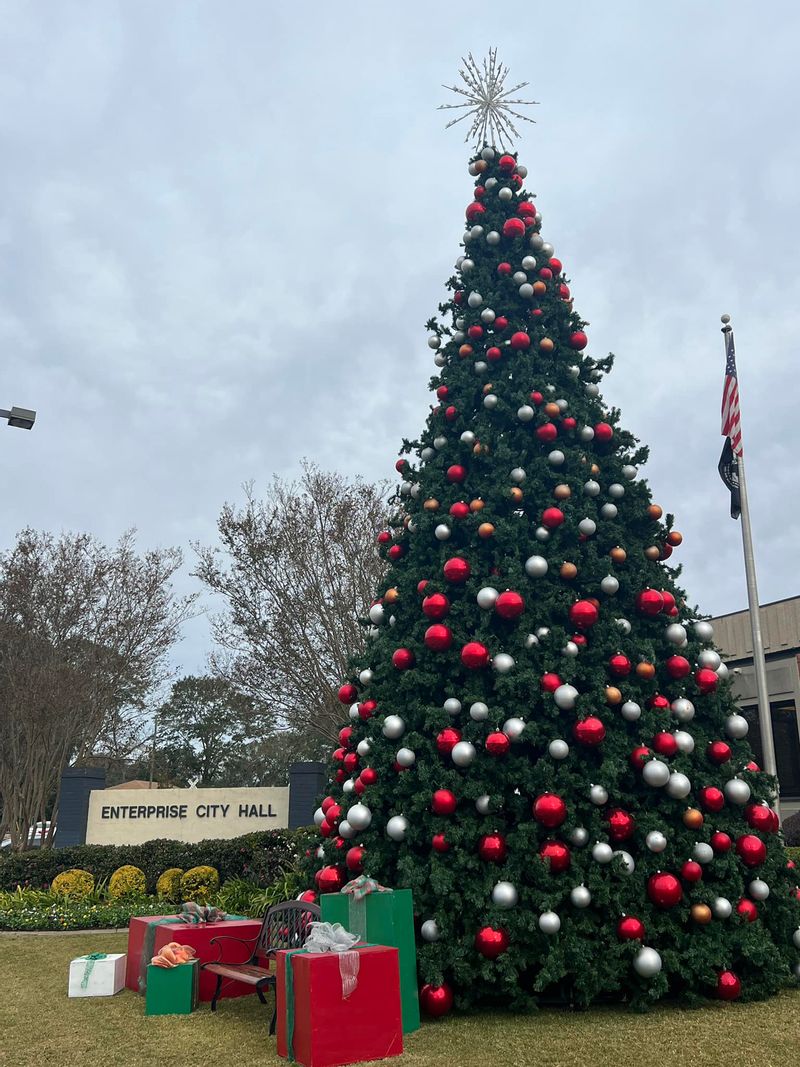 Christmas tree in front of the Enterprise City Hall
