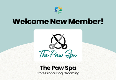 Graphic with The Paw Spa logo and text saying "Welcome New Member! The Paw Spa, Professional Dog Grooming"
