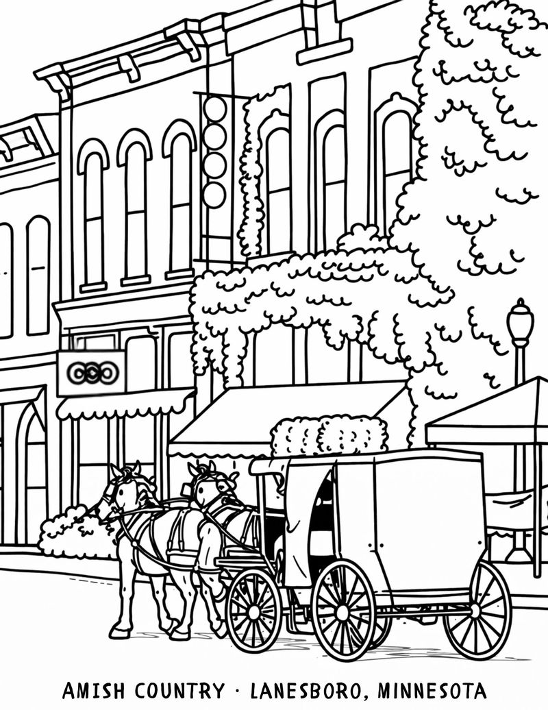 Children’s coloring page illustration of a horse-drawn Amish buggy traveling through downtown Lanesboro, Minnesota, with historic storefronts and trees in the background.