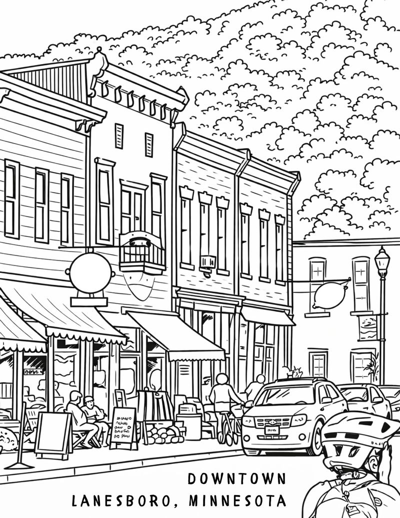 Children’s coloring page illustration of downtown Lanesboro, Minnesota, showing historic storefronts, sidewalk shoppers, parked cars, and a bicyclist in the foreground with wooded bluffs in the background.