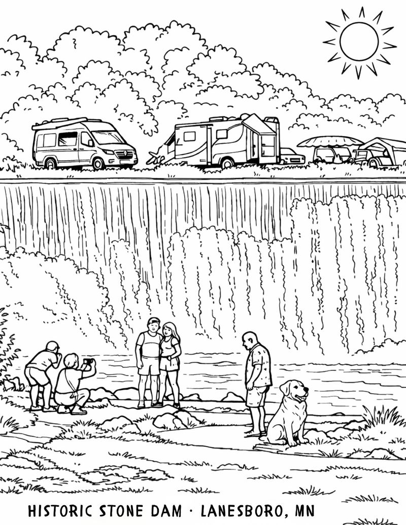 Children’s coloring page illustration of the Historic Stone Dam in Lanesboro, Minnesota, showing a waterfall, campers and RVs above the dam, people by the river, and a golden retriever sitting on the riverbank under a sunny sky.