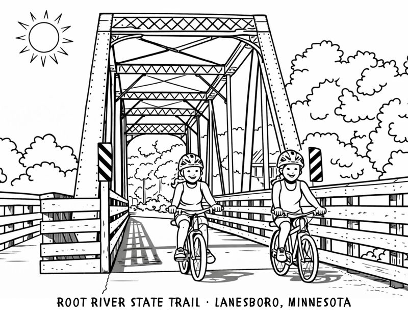 Children’s coloring page illustration of the Root River State Trail in Lanesboro, Minnesota, showing two kids riding bicycles across a metal truss bridge with trees and a sunny sky in the background.