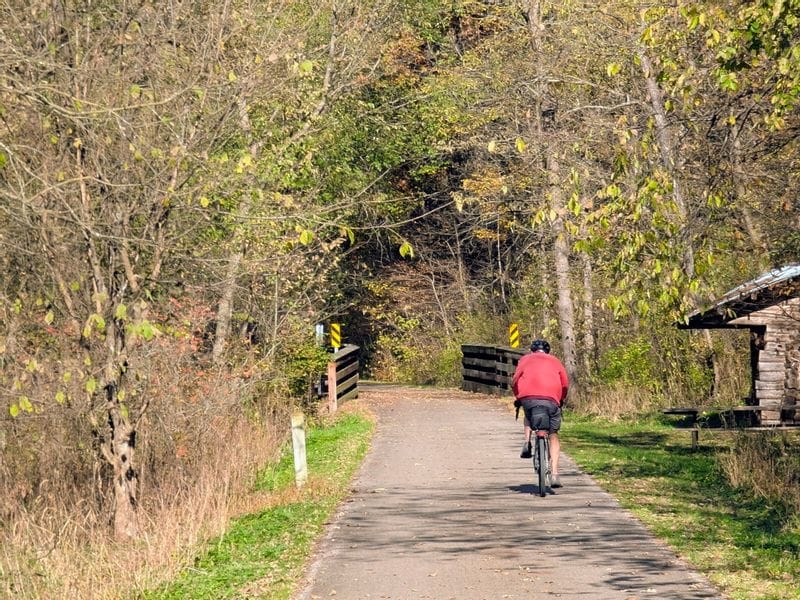 A cyclist rides the Root River State Trail near Lanesboro, Minnesota, surrounded by fall foliage.