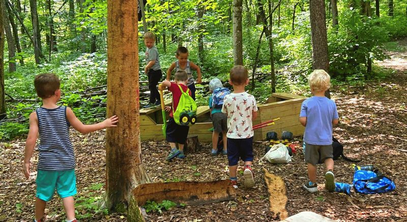 A group of young children play and explore together on a small wooden structure in a shaded forest, surrounded by trees, leaves, and nature play materials.
