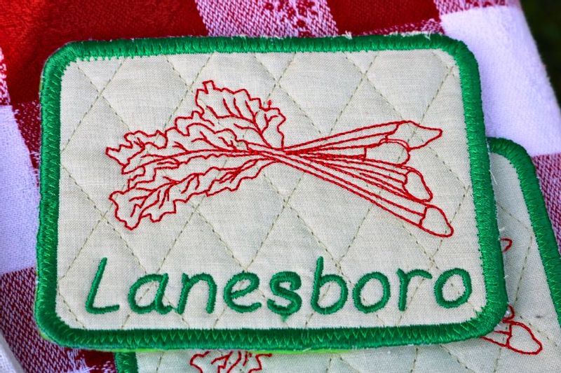 Embroidered patch featuring colorful rhubarb stalks and the word “Lanesboro,” celebrating the town’s Rhubarb Festival.