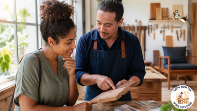 A local business professional shows a customer an important step behind the work and explains how it supports the final result.