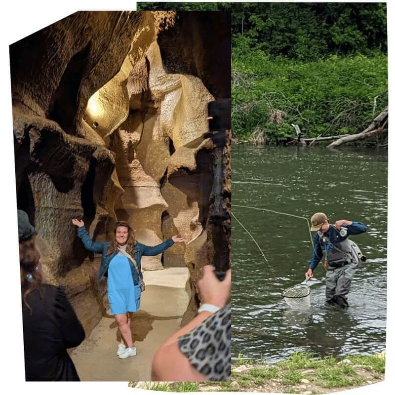 Split image showing two Driftless Region experiences near Lanesboro: a visitor posing inside a rocky cave passage and an angler fly fishing in a calm, tree-lined river.