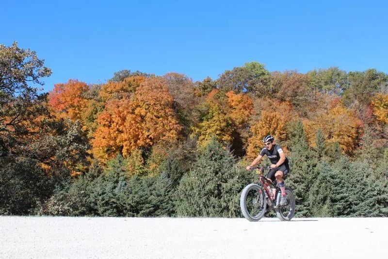 A cyclist rides a gravel road during the Filthy 50 with bright fall foliage and a clear blue sky in the background near Lanesboro, Minnesota.