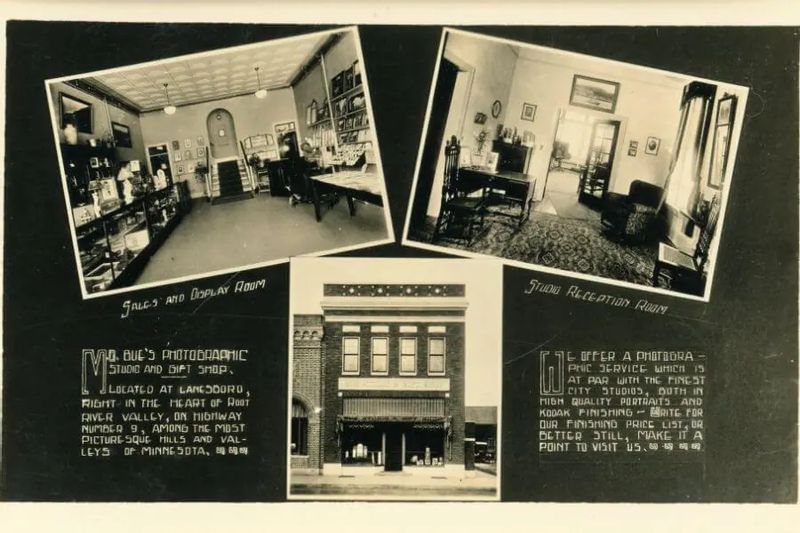 Vintage black-and-white collage featuring interior and exterior views of M. Bue’s Photographic Studio and Gift Shop in Lanesboro, including sales and display rooms, a studio reception room, and the brick storefront, with period text advertising photographic services.
