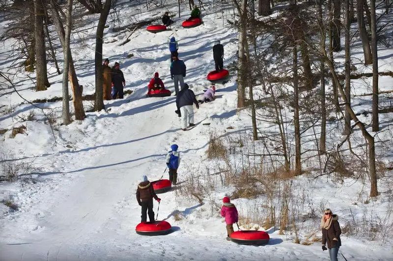 Families and children climb a snowy tubing hill at Cedar Valley Resort, pulling red inner tubes through a wooded winter landscape.
