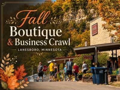 Promotional graphic for the “Fall Boutique & Business Crawl” in Lanesboro, Minnesota, featuring large decorative text over an autumn street scene with shoppers walking past downtown storefronts, colorful fall trees, limestone bluffs, and illustrated leaves framing the design.